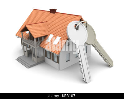 House and a pair of Keys. 3D rendered Illustration. Isolated on white. Stock Photo