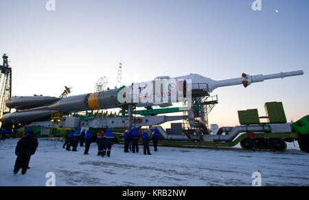 The Soyuz TMA-03M spacecraft is seen shortly after arriving at the launch pad Monday, Dec. 19, 2011 at the Baikonur Cosmodrome in Kazakhstan.  Photo Credit: (NASA/Carla Cioffi) Soyuz TMA-03M rollout in Baikonur 02 Stock Photo