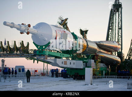 The Soyuz TMA-03M spacecraft is seen shortly after arriving at the launch pad Monday, Dec. 19, 2011 at the Baikonur Cosmodrome in Kazakhstan.  Photo Credit: (NASA/Carla Cioffi) Soyuz TMA-03M rollout in Baikonur 01 Stock Photo