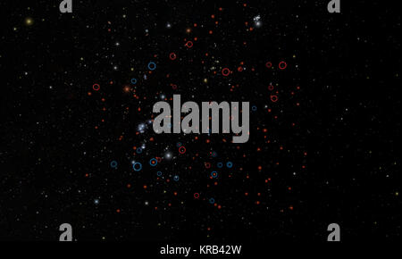 This image shows our own back yard, astronomically speaking, from a vantage point about 30 light-years away from the sun. It highlights the population of tiny brown dwarfs recently discovered by NASA's Wide-field Infrared Survey Explorer, or WISE (red circles). The image simulates actual positions of stars. While big stars like our sun are flashy and easy to see from a distance, astronomers are also interested in our very faintest, smallest neighbors as well. One of the prime objectives of the WISE mission is to find missing 'failed stars,' or brown dwarfs, in the vicinity of the sun.  Astrono Stock Photo