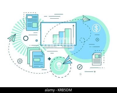 Team business work . Computer work, data processing. Office. Icons line set is suitable for infographics, web sites and animations. Vector illustration. Stock Vector