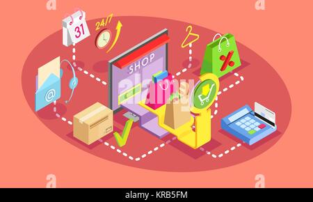 Isometric concept of online shopping. Safe shopping online with payment options.Online shopping, card payment concept. Vector illustration. Stock Vector