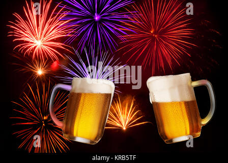Celebratory Drink with Two Glasses of Beer on the Sky With Firework Stock Photo