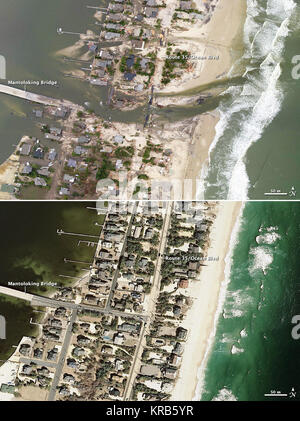 On October 29, 2012, lives were changed forever along the shores of New Jersey, New York, Connecticut, and in the two dozen United States affected by what meteorologists are calling Superstorm Sandy. The landscape of the East Coast was also changed, though no geologist would ever use the word “forever” when referring to the shape of a barrier island. The two aerial photographs above show a portion of the New Jersey coastal town of Mantoloking, just north of where Hurricane Sandy made landfall. The top photograph was taken by the Remote Sensing Division of the National Oceanic and Atmospheric A Stock Photo