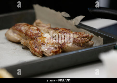 Fry meat in a frying pan.Fry the duck. Preparation of meat dishes Stock Photo