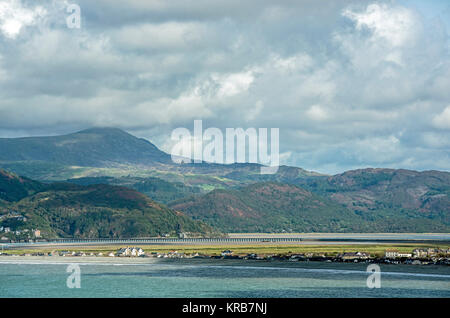 The Mawddach Estuary and Railway Bridge, Barmouth, North Wales Coast, near Fairbourne, Stock Photo