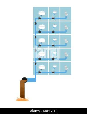 Sewer system in house. Pipes and valves. Sink and toilet bowl. Bath. Sewerage scheme Stock Vector
