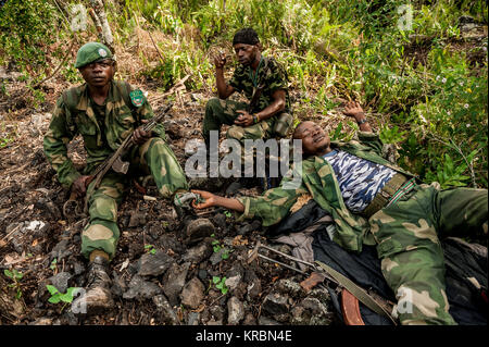 FARDC soldiers taking a break in the DRC's Viurunga National Park during military operations against the FDLR Stock Photo