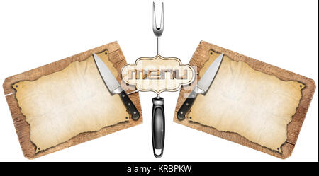 Two empty parchments on used wooden cutting boards and kitchen utensils, template for a rustic menu Stock Photo