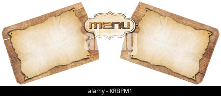 Two empty parchments on used wooden cutting boards, template for a rustic menu Stock Photo