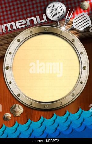 Metal porthole with yellow paper, blue waves, seashells, kitchen utensils, ropes and red checked tablecloth. Template for recipes or seafood menu Stock Photo