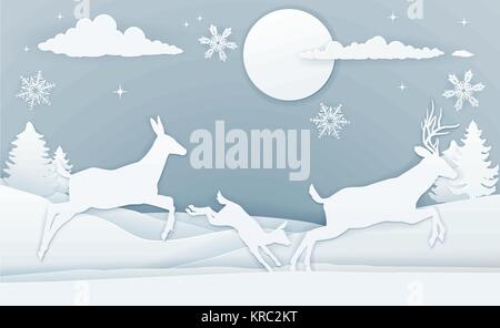 Winter Deer Scene Paper Art Stock Vector