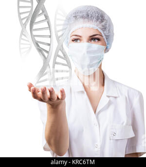 DNA molecules flows from hand of young female doctor isolated on white background. Stock Photo