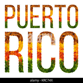 word puerto rico country is written with leaves on a white insulated background, a banner for printing, a creative developing country colored leaves puerto rico Stock Photo