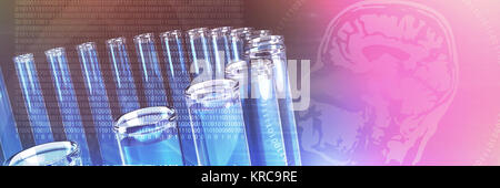 Digitally image of DNA helix and brain interface against test tube with chemical solution Stock Photo
