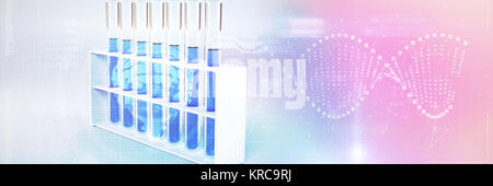 DNA helix and brain interface against test tube with chemical solution Stock Photo