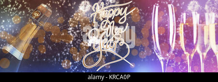 Happy New Year message against white fireworks exploding on black background Stock Photo