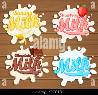 Milk labels splash on wood background. Stock Photo