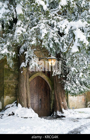 St Edwards church north door yew trees at christmas time in the snow. Stow on the Wold, Cotswolds, Gloucestershire, England Stock Photo