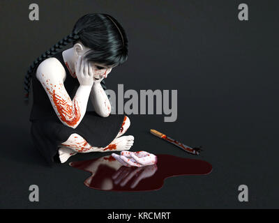 3D rendering of a blood covered small girl sitting on the floor. Stock Photo