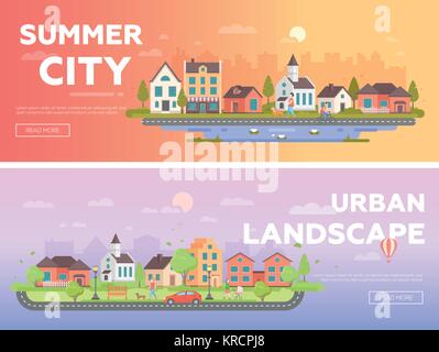 Summer city, urban landscape - set of modern flat vector illustrations Stock Vector