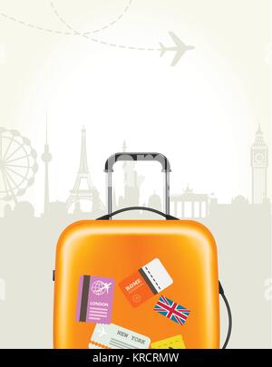 Travel agency poster with plastic suitcase and european landmarks - tourism poster Stock Vector