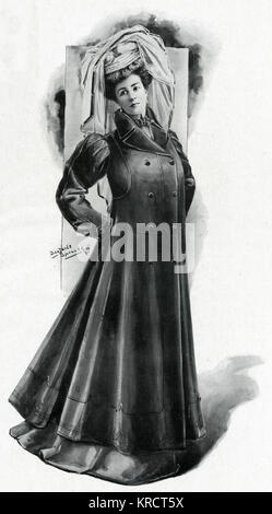 Women's full length motoring coat in soft green leather, very pliable and good quality, lined throughout with a checked woollen material of light weight with wide cuffs and sleeves with ample skirts are confined at the back with a belt. Date: 1907
