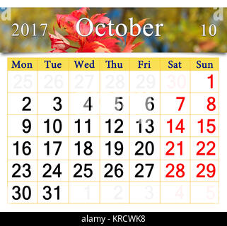 calendar for October 2017 with red autumn leaves Stock Photo