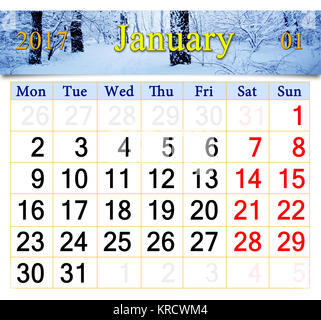 calendar for January 2017 with birch grove Stock Photo