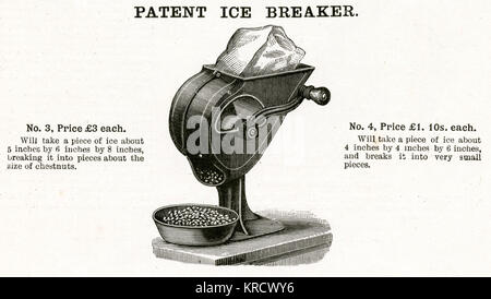 Ice breaker that can break large chunks of ice into pieces about the size of a chestnut or very small pieces. Date: 1899 Stock Photo