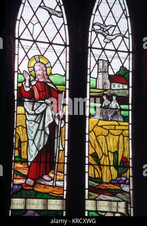 One of the modern stained glass windows (depicting cyclists) of the Wayfarer's Church, Walesby, Lincolnshire, England. Stock Photo