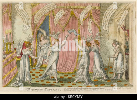 Satirical cartoon, Throwing the Stocking.  Princess Charlotte lies in a four-poster bed holding back a curtain to see the goings on.  Her four sisters toss and catch a stocking - flinging the bride's stocking was an old custom.  The Queen watches and holds her back against a door as Prince Leopold strains to open it.  The print relates to the approaching marriage of Charlotte with Prince Leopold of Saxe-Coburg-Gotha.      Date: 1816 Stock Photo