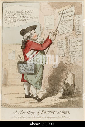 Satirical cartoon, A New Way of Posting a Libel.  The print shows a man pasting up a poster on a street wall that reads FIVE HUNDRED POUNDS REWARD.  The bill sticker has been identified as George Nugent-Temple-Grenville, 1st Marquess of Buckingham, who was evidently eager to find the source of a libel -- a letter had recently been published in the True Briton offering a 500 reward 'for a paltry libel upon the whole race of Grenvilles', and the Marquess had claimed that it was a forgery.     Date: 1795 Stock Photo