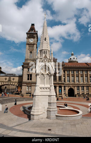View of Chamberlain Square and Council House, Birmingham.  The square is named after Joseph Chamberlain who was a Birmingham mayor and MP.  The Chamberlain Memorial in the centre of the square was erected in 1880. Stock Photo