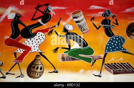 Modern Tanzanian Painting Showing Female Musicians & Dancers Stock Photo