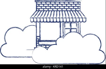 store facade with clouds in dark blue blurred silhouette Stock Vector