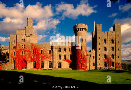 View of Penrhyn Castle, near Bangor, Gwynedd, North Wales, with bright red ivy growing on the walls. Stock Photo