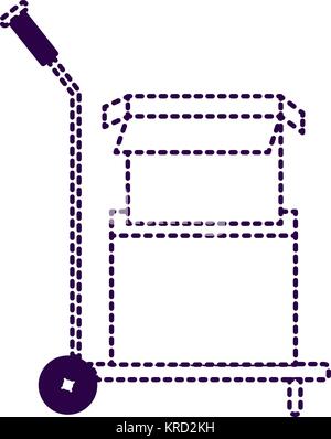 hand truck with cardboard boxes stacked and one opened in purple dotted silhouette Stock Vector