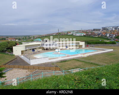 View of Saltdean Lido, Brighton and Hove, East Sussex, in Art Deco style, designed by the architect R.W.H. Jones and built in 1938. Originally Grade II listed by English Heritage, its status was upgraded to Grade II* in March 2011. Stock Photo