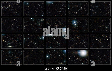 This image shows 20 of the quenched galaxies — galaxies that are no longer forming stars — seen in the Hubble COSMOS observations. Each galaxy is identified by a crosshair at the centre of each frame.   Quenched galaxies in the distant Universe are much smaller than those seen nearby. It was thought that these small galaxies merged with other smaller, gas-free galaxies to grow bigger, but it turns out that larger galaxies were 'switching off' at later times and adding their numbers to those of their smaller and older siblings, giving the mistaken impression of individual galaxy growth over tim Stock Photo