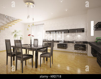 Interior of modern black kitchen 3d render Stock Photo