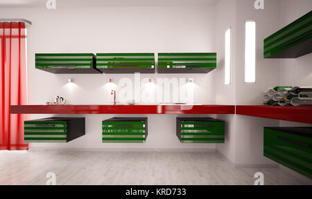 Interior of modern green red kitchen 3d render Stock Photo