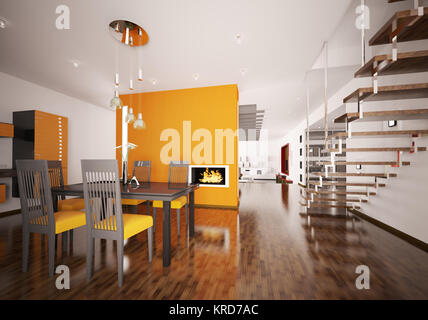 Interior of modern orange kitchen with fireplace 3d render Stock Photo ...