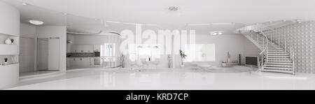 Interior design of modern white apartment living dining room kitchen panorama 3d render
