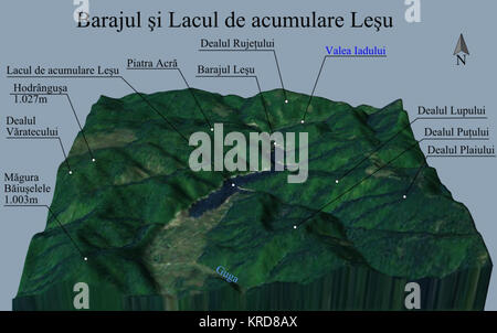 Harta 3D pentru Barajul si Lacul de acumulare Lesu, Romania Stock Photo