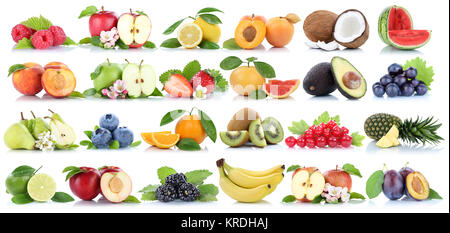 Früchte Frucht Obst Collage Apfel Orange Banane Orangen Äpfel Birne Trauben Kirschen Zitrone biologisch Freisteller freigestellt isoliert Stock Photo