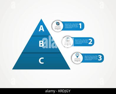 Modern vector illustration 3d. Pyramid template infographics with three elements, levels. Contains icons and text. Designed for business, presentation Stock Vector