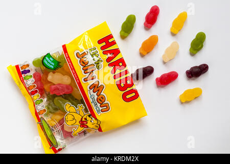 Packet of Haribo little Jelly Men from super mix sweets opened to show contents isolated on white background Stock Photo