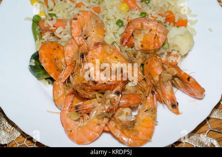 fresh gulf shrimps with garlic fried in olive oil Stock Photo