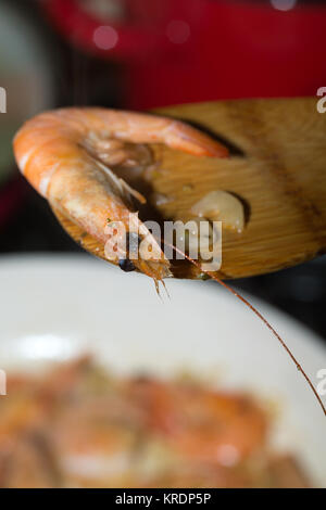 fresh gulf shrimps with garlic fried in olive oil Stock Photo